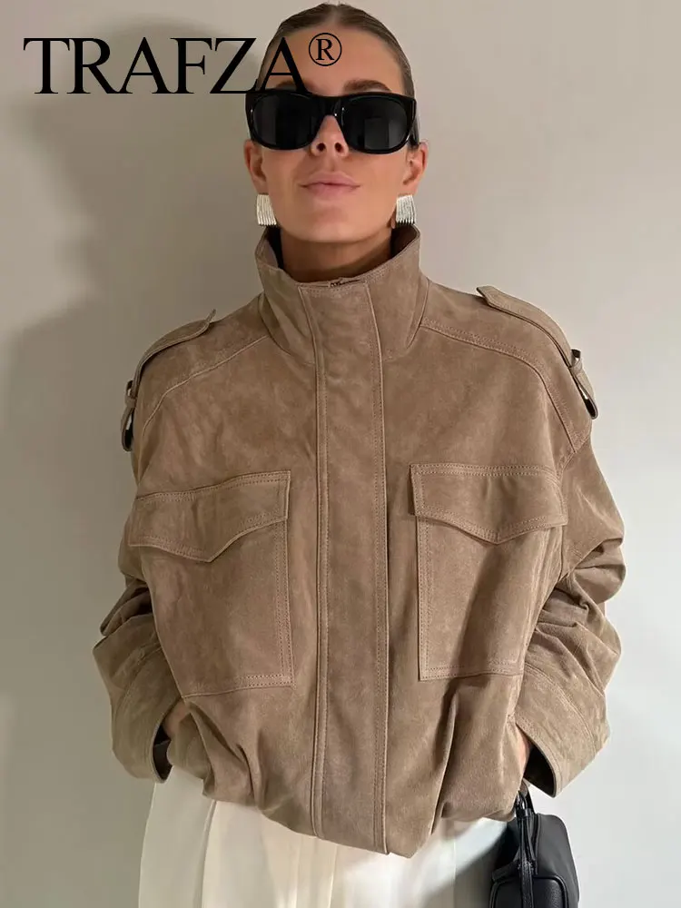 

TRAFZA Vintage Women 's Suede Jacket Solid Long Sleeve Loose Zipper Coat 2025 Autumn Pockets Casual Streetwear Woman Outwear