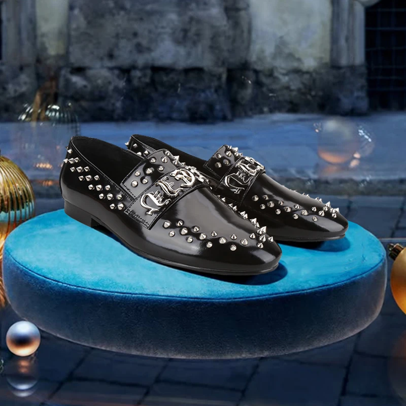 

Piergitar Handmade Sliver Spikes And Letters Metal Buckle Slip-On Loafers For Party Black Genuine Leather Men's Smoking Slippers