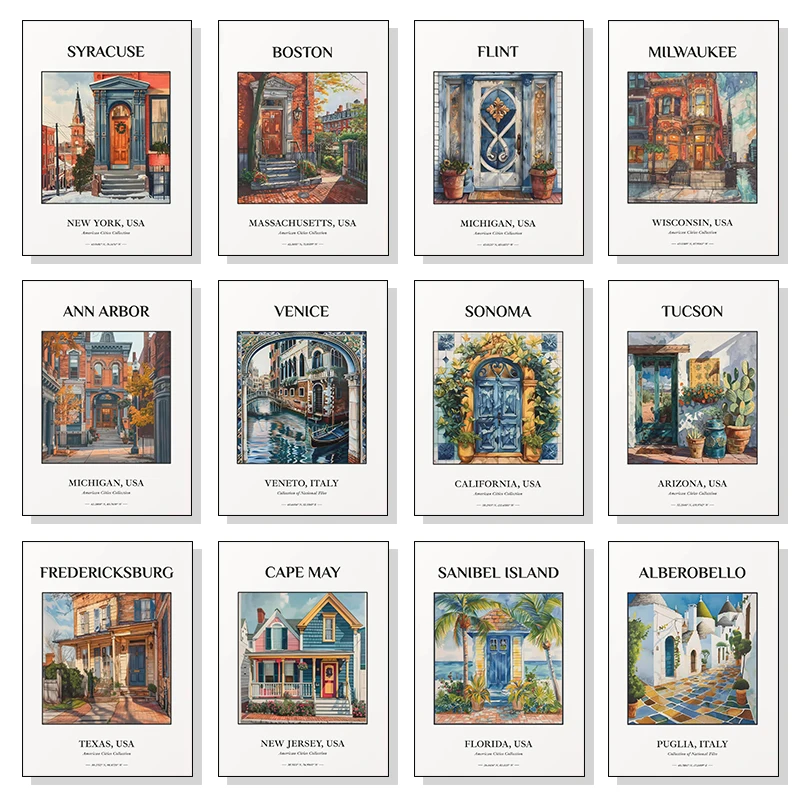 World Renowned City Watercolor Landscape Posters and Prints City View Canvas Painting Wall Art Pictures Home Bar Room Decoration
