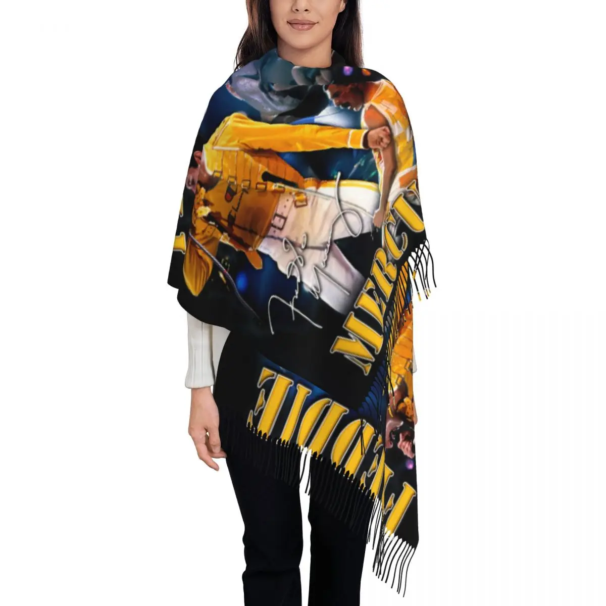 Custom Luxury Freddie Mercury Tassel Scarf Women Winter Warm Shawl Wrap Ladies Scarves