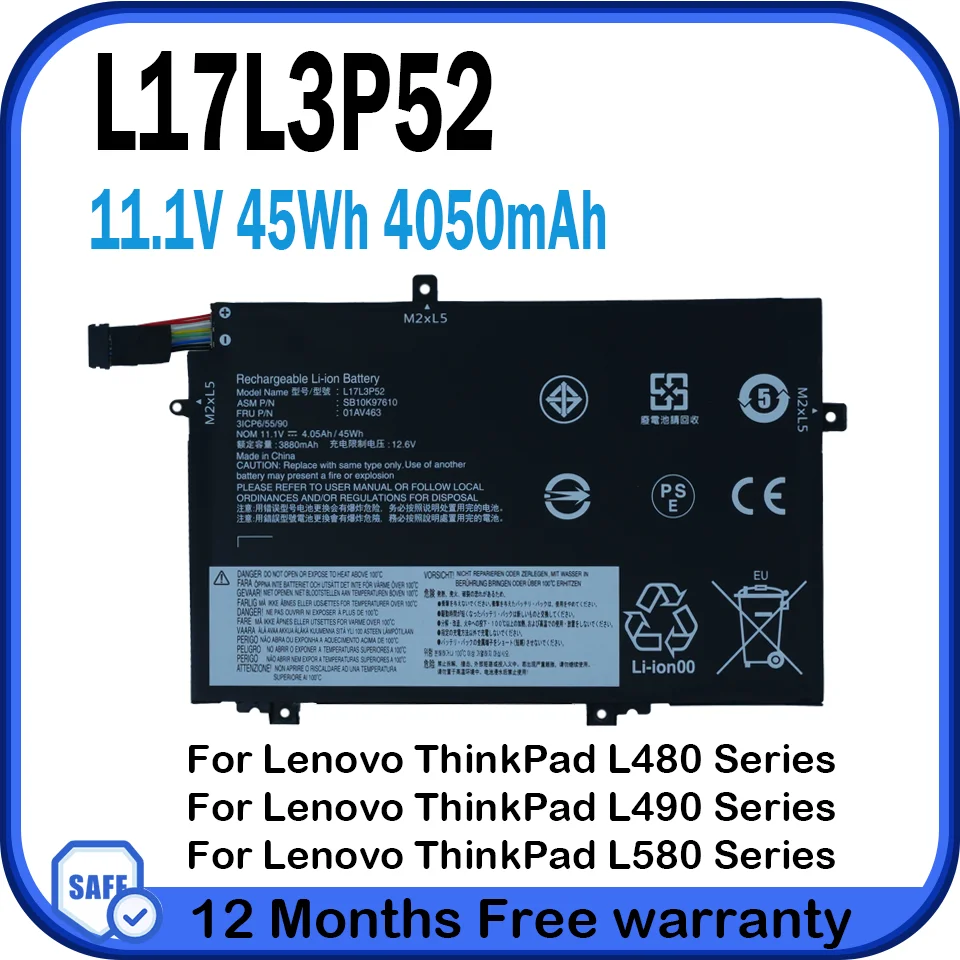 Brand Compatibility 45Wh L17L3P52 Battery Replacement For Lenovo ThinkPad L480 L580 L14 L15 L490 L590 Series 01AV465 L17C3P52