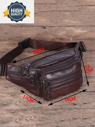 Bolso de cuero genuino para hombre, bolsa de cintura con 7 bolsillos con cremallera, informal, de gran capacidad, color sólido