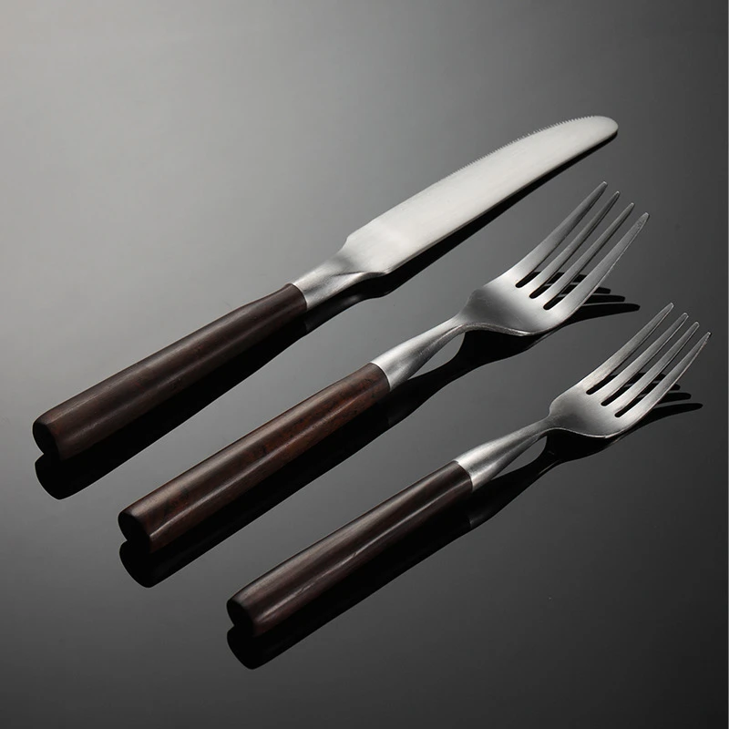 Stainless Steel Cutlery Set Imitation Wooden Handle Sliver Western Dinner Knife Forks Spoon Table Decoration Accessories