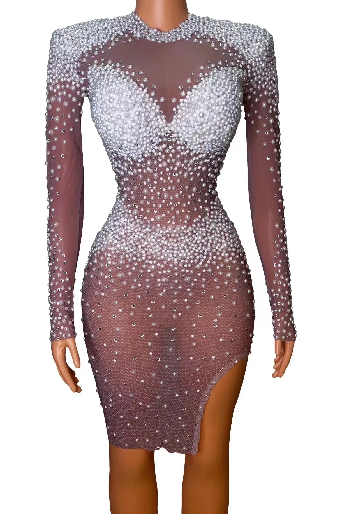 

AK Performance Dress Nightclub Bar Female Full Diamond Pearl Wrap Hip Slim Fit Long Sleeve Dress Singer Model