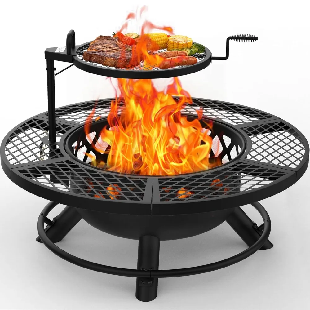 Fire Pit with Poker, 40 Inch Outdoor Fire Pit Patio, Wood Burning Firepits for Outside with Grill