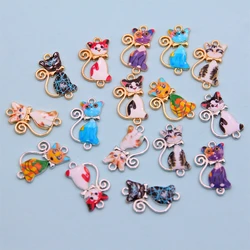 10pcs 25*15mm Mixed Color Cute Printed Cat Jewelry Alloy Connector DIY Cat Tag Earrings Pendant Enamel Pendant