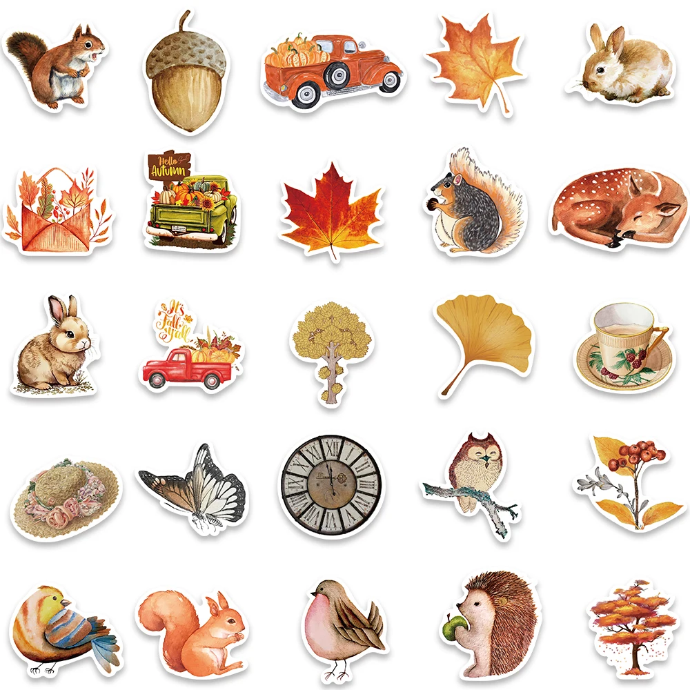 50pcs Autumn Forest Stickers Rabbit Sika Deer Maple Leaf Decals Vinyl Waterproof Laptop Luggage Motorcycle Helmet Stickers