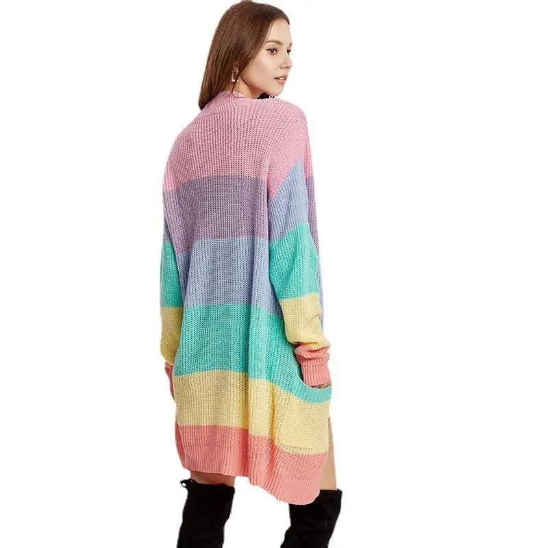 

Rainbow Color Long Loose Knitted Cardigan Women's Sweater Jaet plus Size Spring Autumn Faion Casual Stripe Pattern