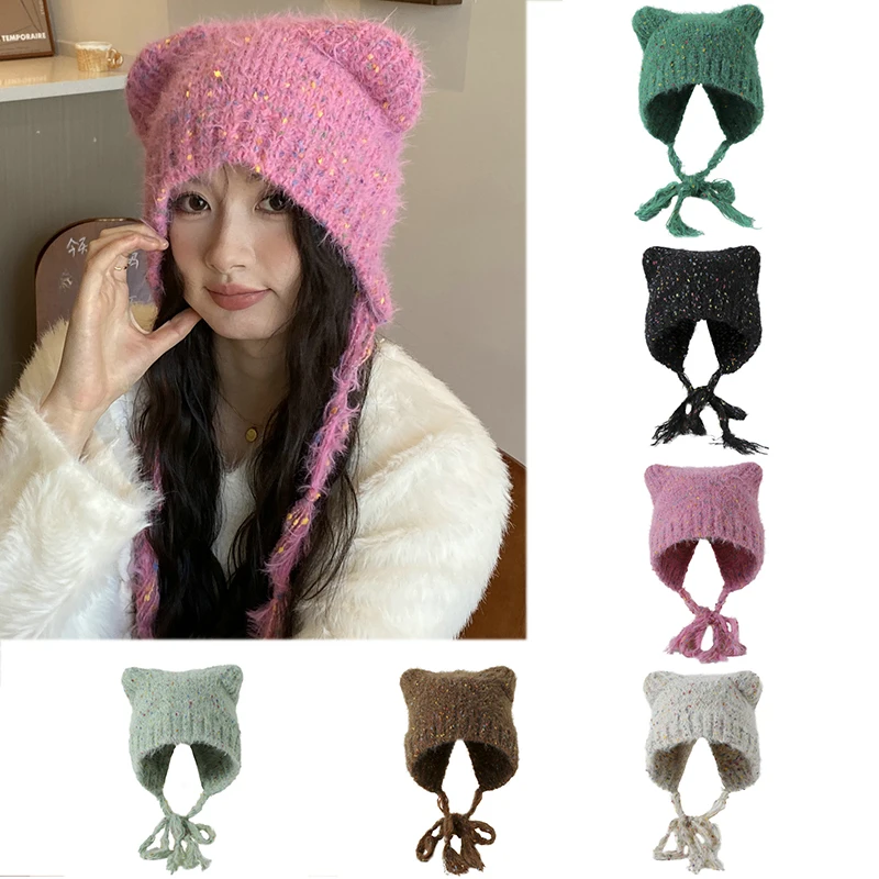 Cute Beanie Autumn Winter Women Warm Japanese Knit Hat Pile Caps Ear Protection Tie Pullover Hat Gorro Bonnet