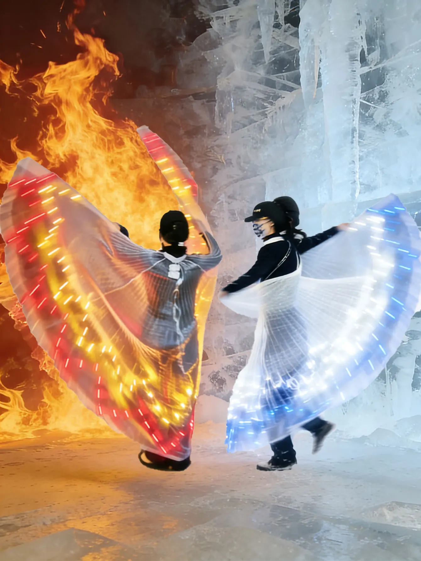 

Крылья для танца льда и огня, двухцветные треугольные крылья для вечеринки, праздничный костюм для танца живота (мести три батарейки АА)