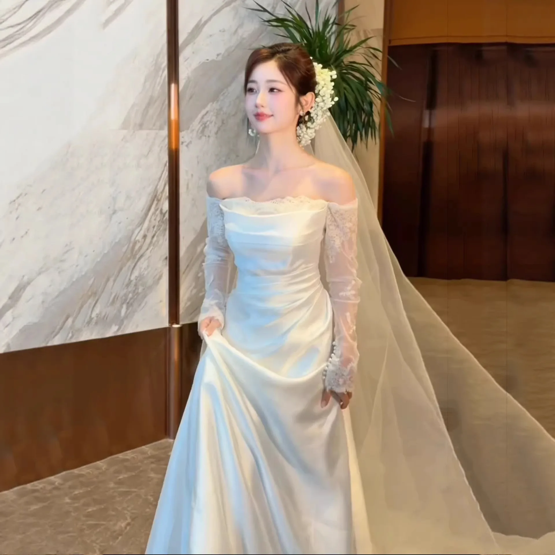 Off‑Shoulder Satin Wedding Dresses Long Lace Sleeve Bridal Gown Ruched Slim Fit Floor Length Elegant Bride Dress For Wedding