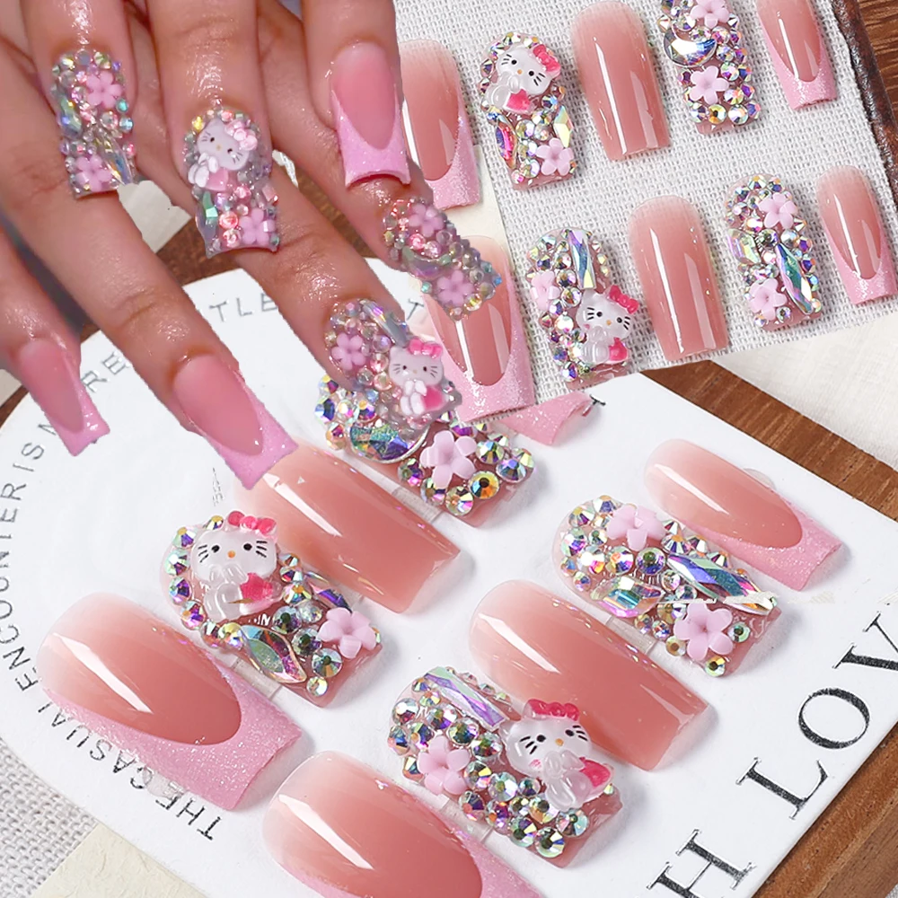 

24 шт., французские розовые накладные ногти средней длины, 3D блестящие накладные ногти Hello Kitty с акриловыми цветами и набором наконечников для маникюра с кристаллами AB