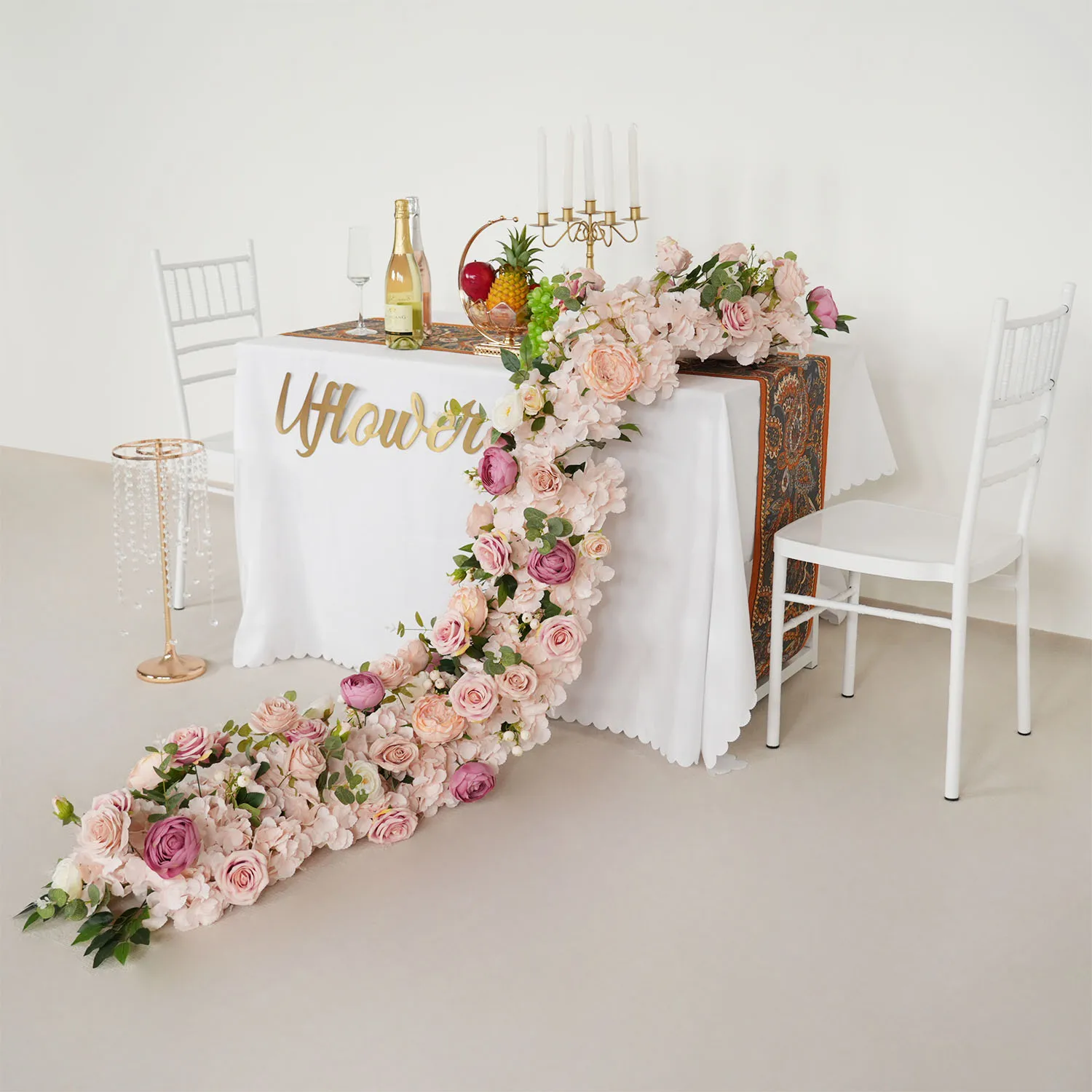 

Uflower Table Centerpiece Artificial Flower Row Wedding 200cm Luxury Pink Rose Hydrangea Flower Backdrop Arch Decor Event Prop