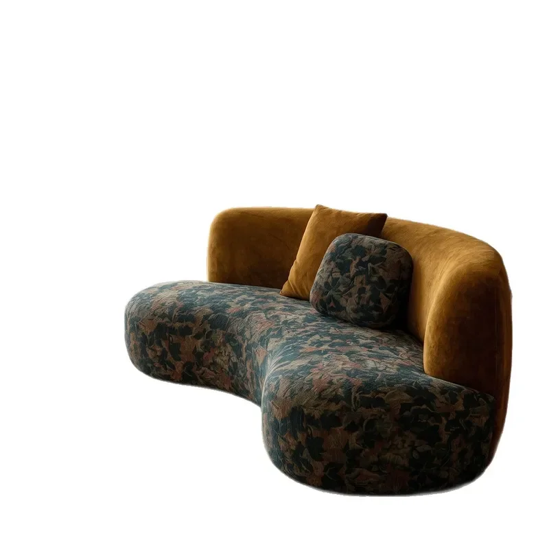 French Antique Style Curved Fabric Sofa for Living Room Hotel Lobby Hospitality Designer Two Tone Double Color Couch