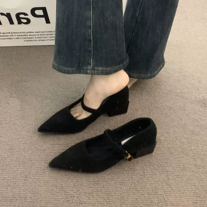 

Новинка 2024 года, зимние хлопковые женские туфли Мэри Джейн, модные туфли с острым носком, лаконичные туфли на квадратном каблуке, роскошные туфли на низком каблуке