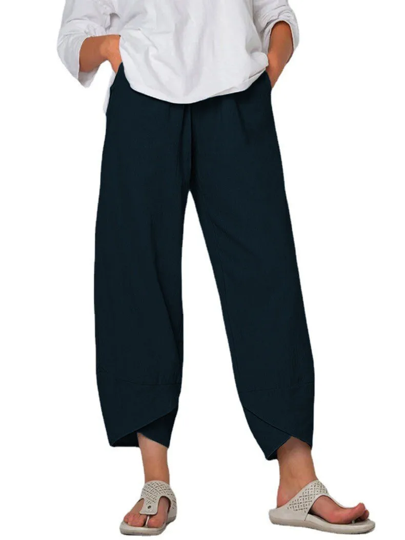 

New Women's Cotton Hemp Wide Leg Pants Solid Color Large Size High Waist Loose Casual Nine-point Pants Women