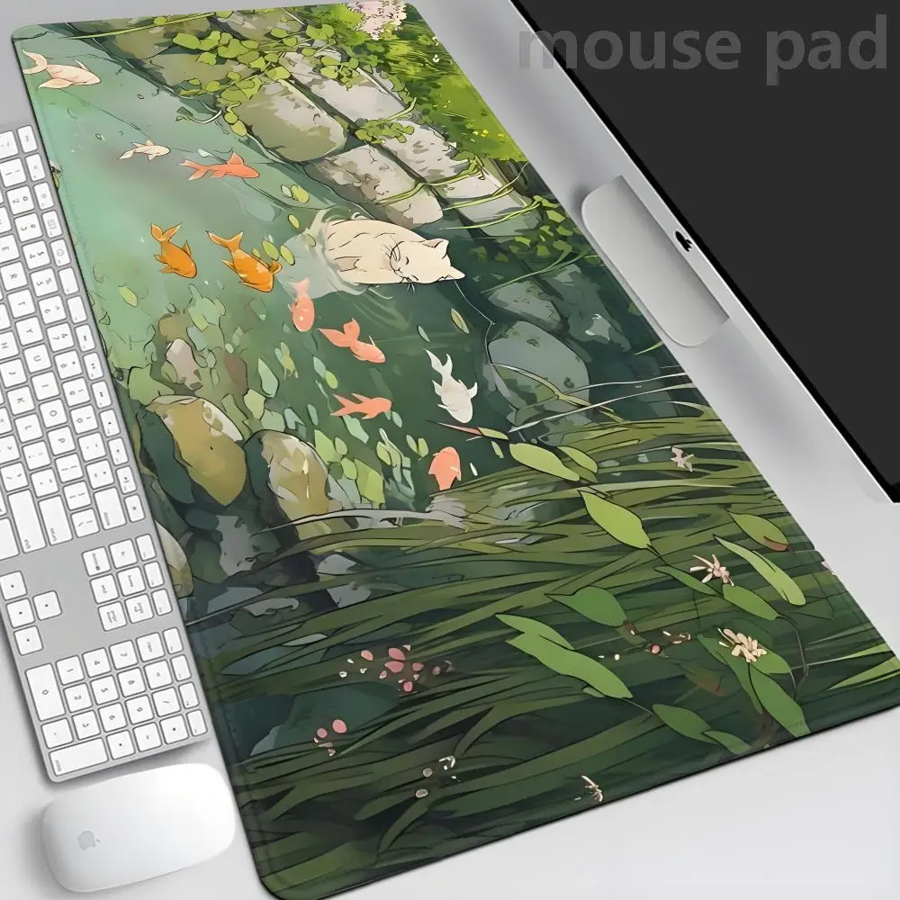 Cute Cartoon Cat Fish Mouse Pad Green Large Computer Keyboard Pad Natural Rubber Anti-Slip Pad Perfect Gift for Girlfriend Women