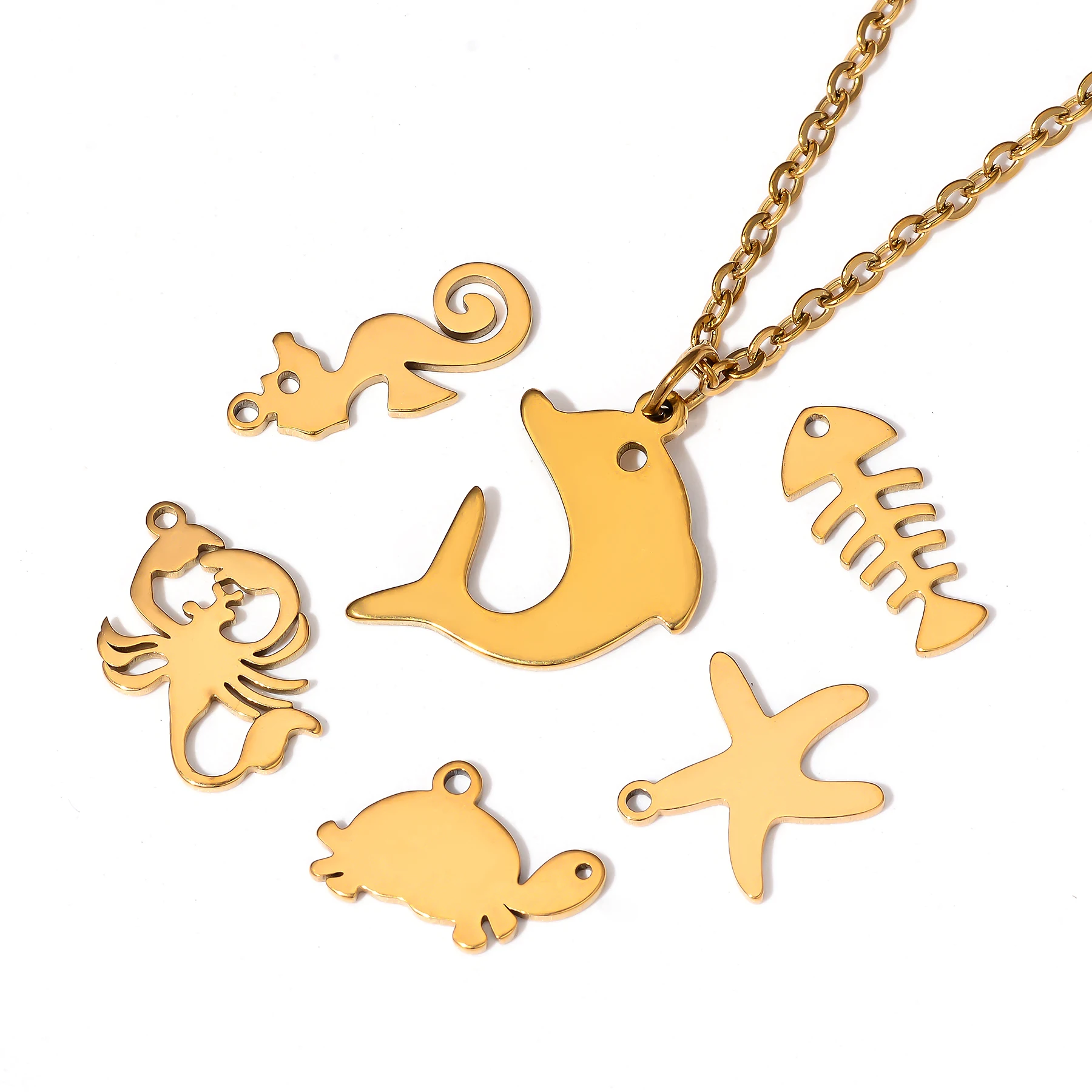 10pcs Sea Turtles Dolphin Starfish Seahorse Fishbone Stainless Steel Marine Organism Charm Pendant for DIY Necklace Bracelet