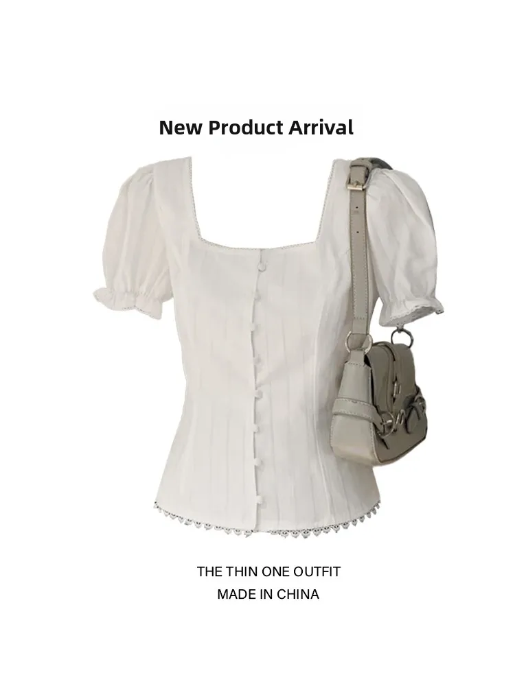 

Корейская молодежная кукла с квадратным воротником и рюшами, белый женский топ для похудения, новое поступление лета