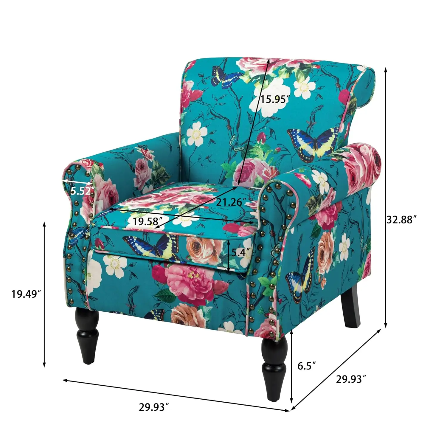 High Back Floral Wingback Armchair with Nailhead Trim & Wood Legs, Comfy Reading Chair for Living Room & Bedroom, Small Space, B
