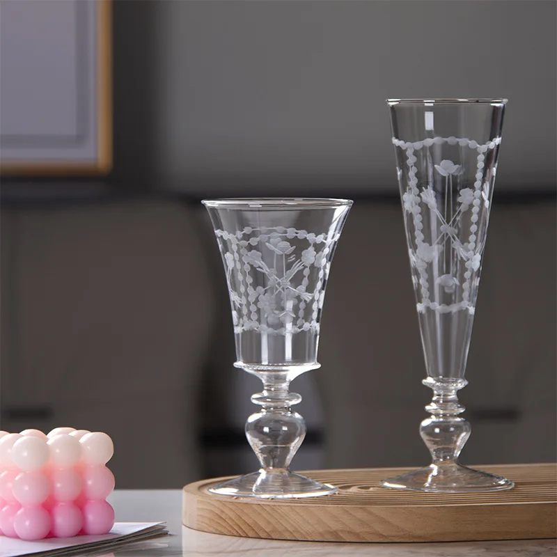 Creative High Footed Glass Cup, Cold Drink Juice Cups, Engraved Champagne Cocktail Glass, High Temperature Resistant Tea Cup