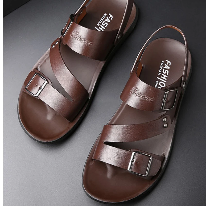 Solid Color Open Toe Mens Leather Sandals Fashion Comfortable Men\'s Sandals 2024 New Slippers Beach for Male Leather Footwear