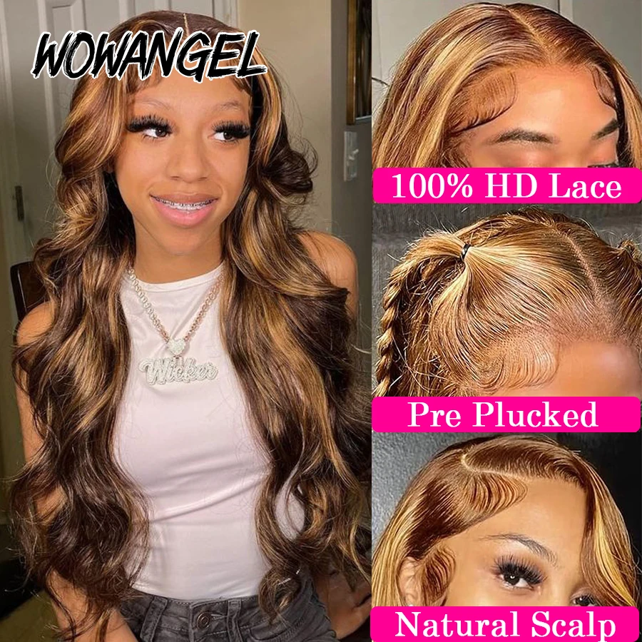 WowAngel 250% 13x6 HD Lace Front Wigs 4J27 Highlight Glueless Body Wave Wig Pre plucked Pre Bleached Brazilian Hair For Women