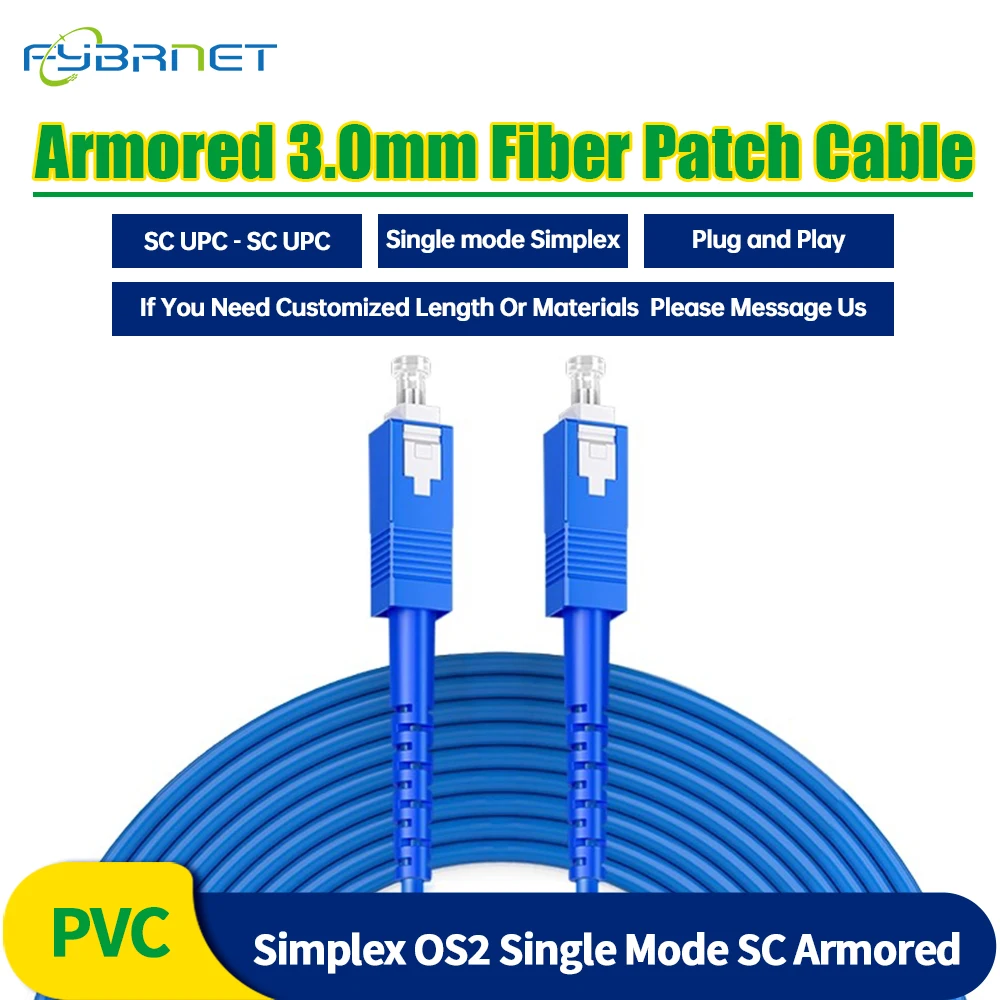 1/2/3/5M Indoor G657A1 Simplex OS2 Single Mode SC UPC to SC UPC Armored 3.0mm Fiber Optic Patch Cable