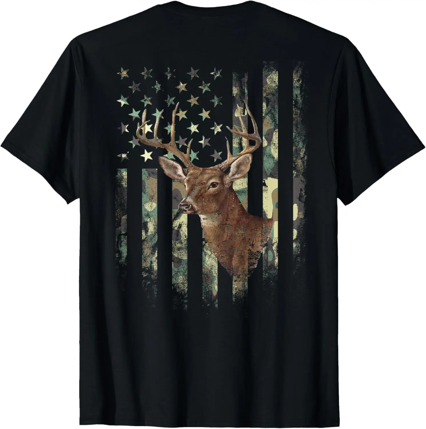 (Art On Back) American Flag Deer Hunting Camo T-Shirt 100% Cotton Trendy Y2K Short-Sleeve Tee-Soft, Quick-Drying,