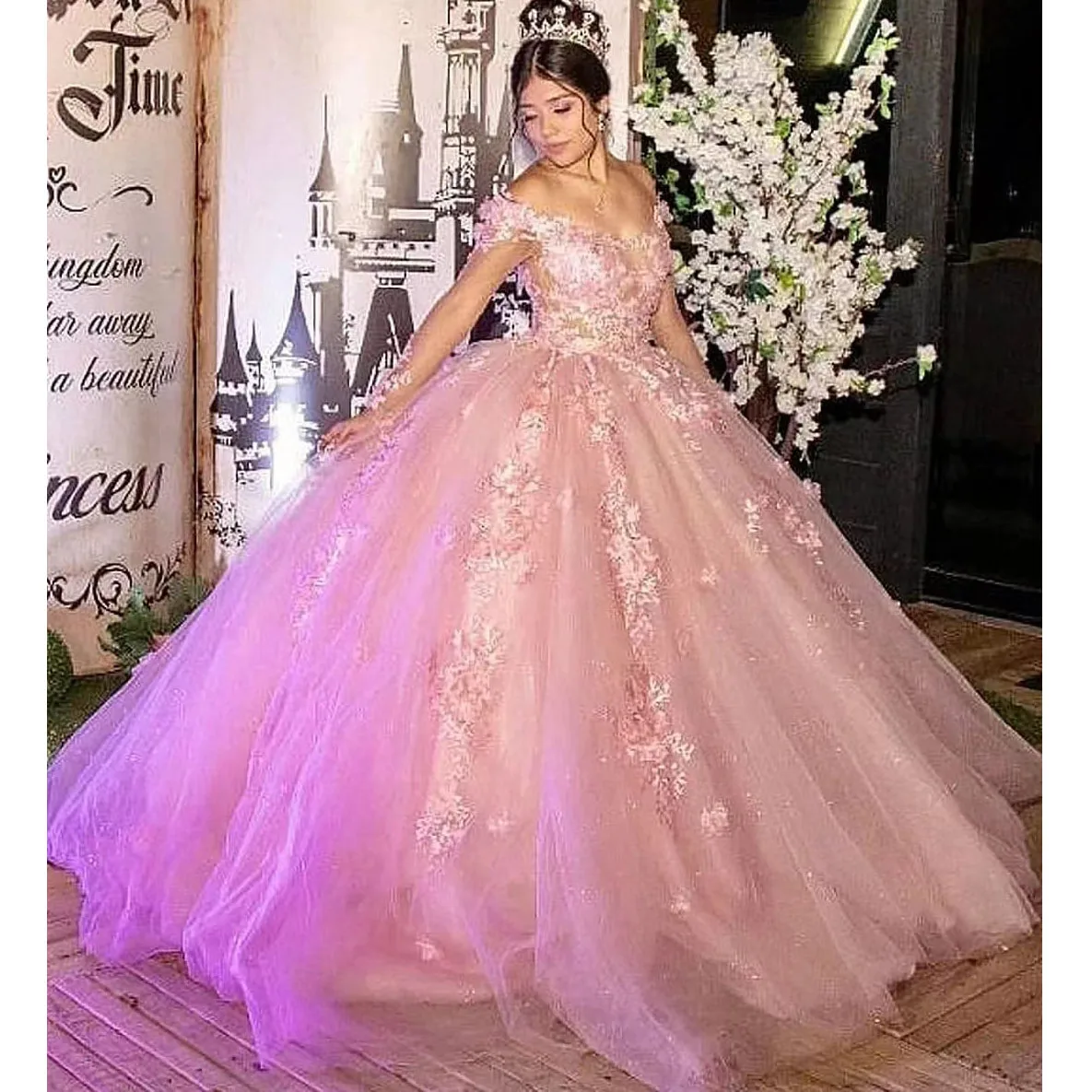 Vestidos Quinceanera rosa para menina doce, vestido de baile, apliques de lantejoulas, vestido formal, 15 anos