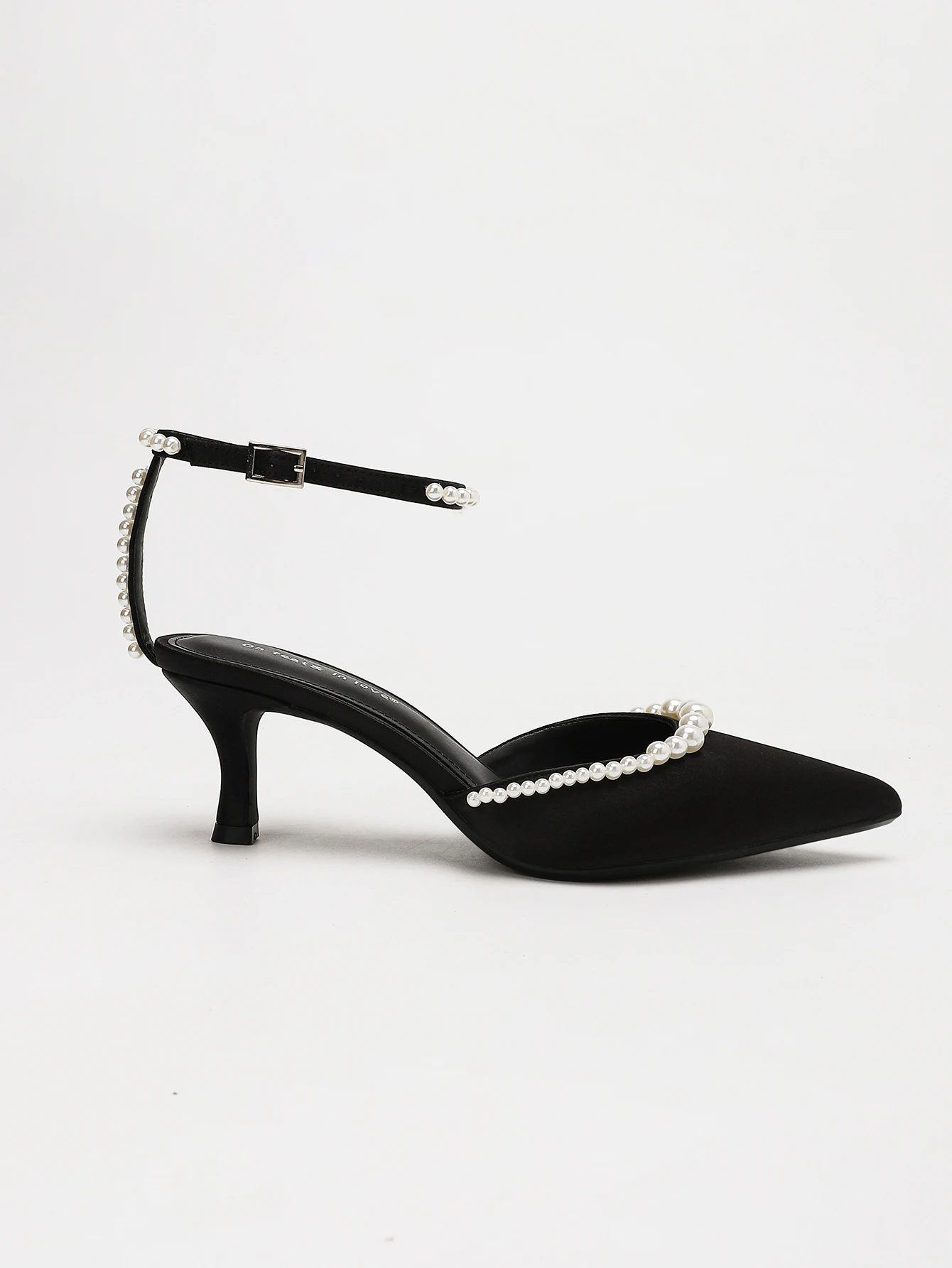 WOMEN BLACK SATIN PEARL ANKLE STRAP KITTEN HEEL SANDALS POINTED TOE SLINGBACK PUMPS BRIDAL WEDDING EVENING PARTY SHOES view 4