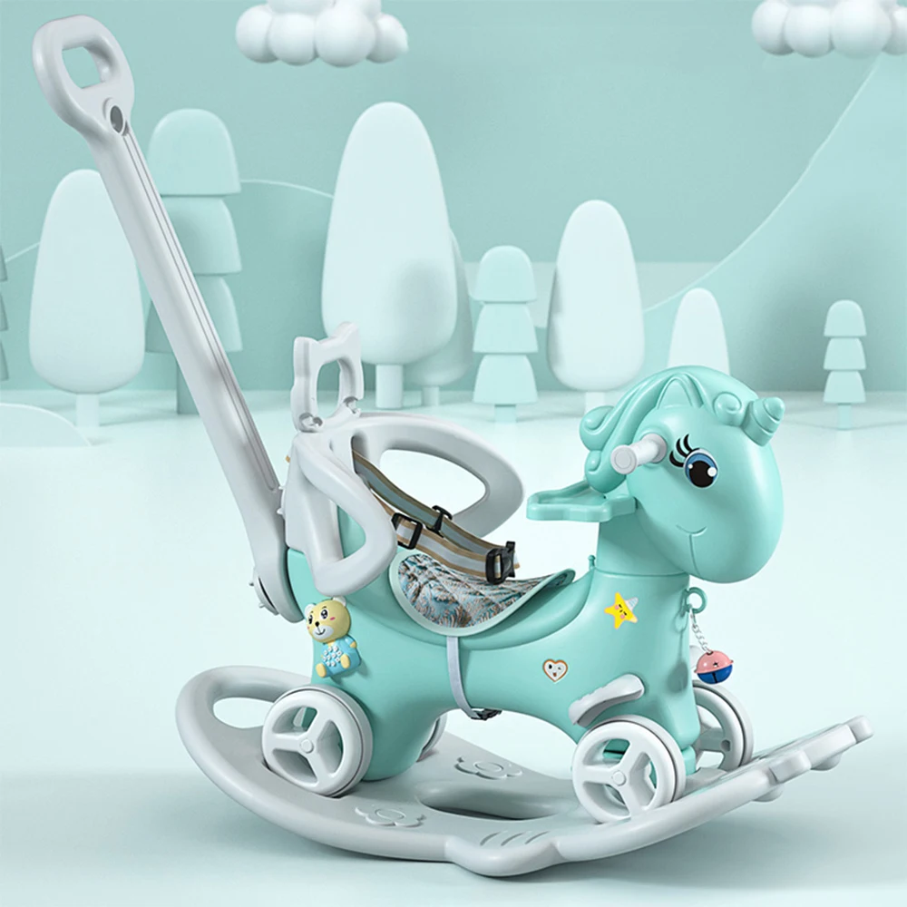 Rocking Horse for Toddlers, Balance Bike Ride On Toys with Push Handle,  Board for Baby Girl and Boy, Unicorn Blue color