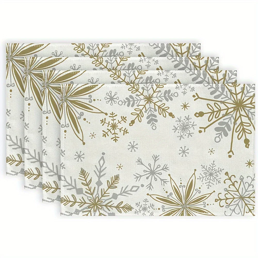 Christmas Snowflake Placemats Set of 4 - Woven Polyester Burlap Table Mats 18x12 for Holiday Home Party Decor, Rectangle - Perfe