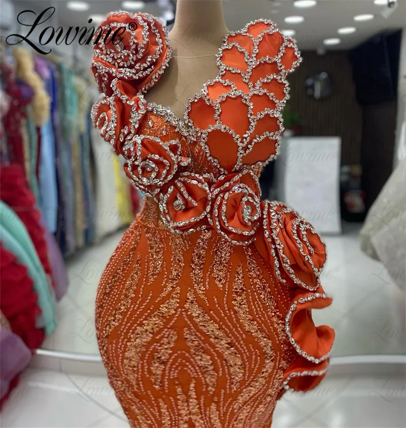 2024 Aso Ebi Orange Party Dress per matrimoni sirena cristalli in rilievo lungo compleanno abiti da fidanzamento Robe De Soiree abito da sera