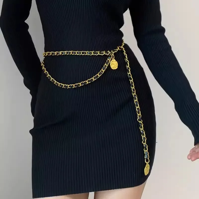 

Women's Fashion PU Leather Metal Chain Corset Female Cummerbund Coat Waistband Dress Decration Narrow Belt J479