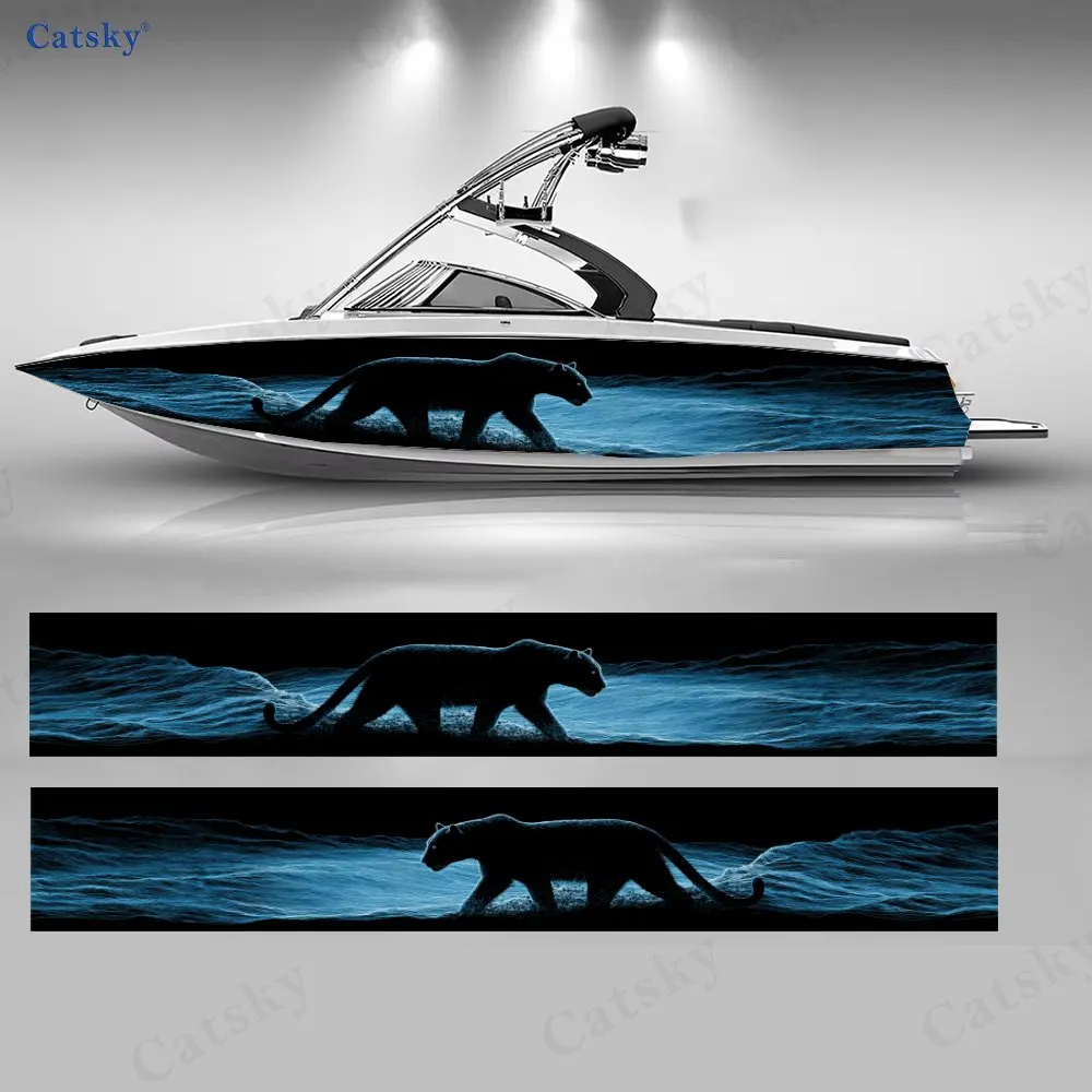 Midnight Blue Wave Black Panther Boat Stickers, PVC Waterproof Vinyl Wrap Decals for Fishing Boats, Durable and Stylish Design