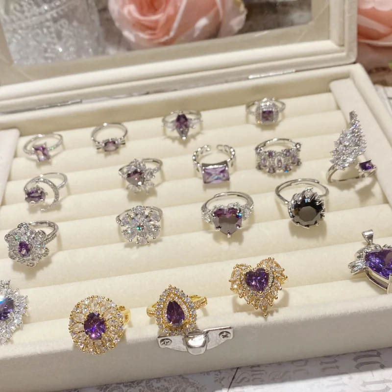 Fine Jewelry Rings for Women Created Amethyst Open Size Sparkling Grape Purple Diamand Series Silver Plated Party Accessories
