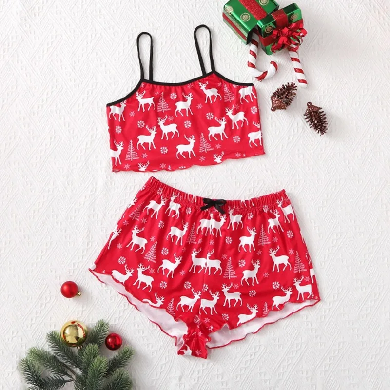 

Sexy Christmas Patterned Sleepwear Tank Top And Shorts Home Clothes Deer Snowflake Two-Piece Set for Women Spring Thin Home Clot