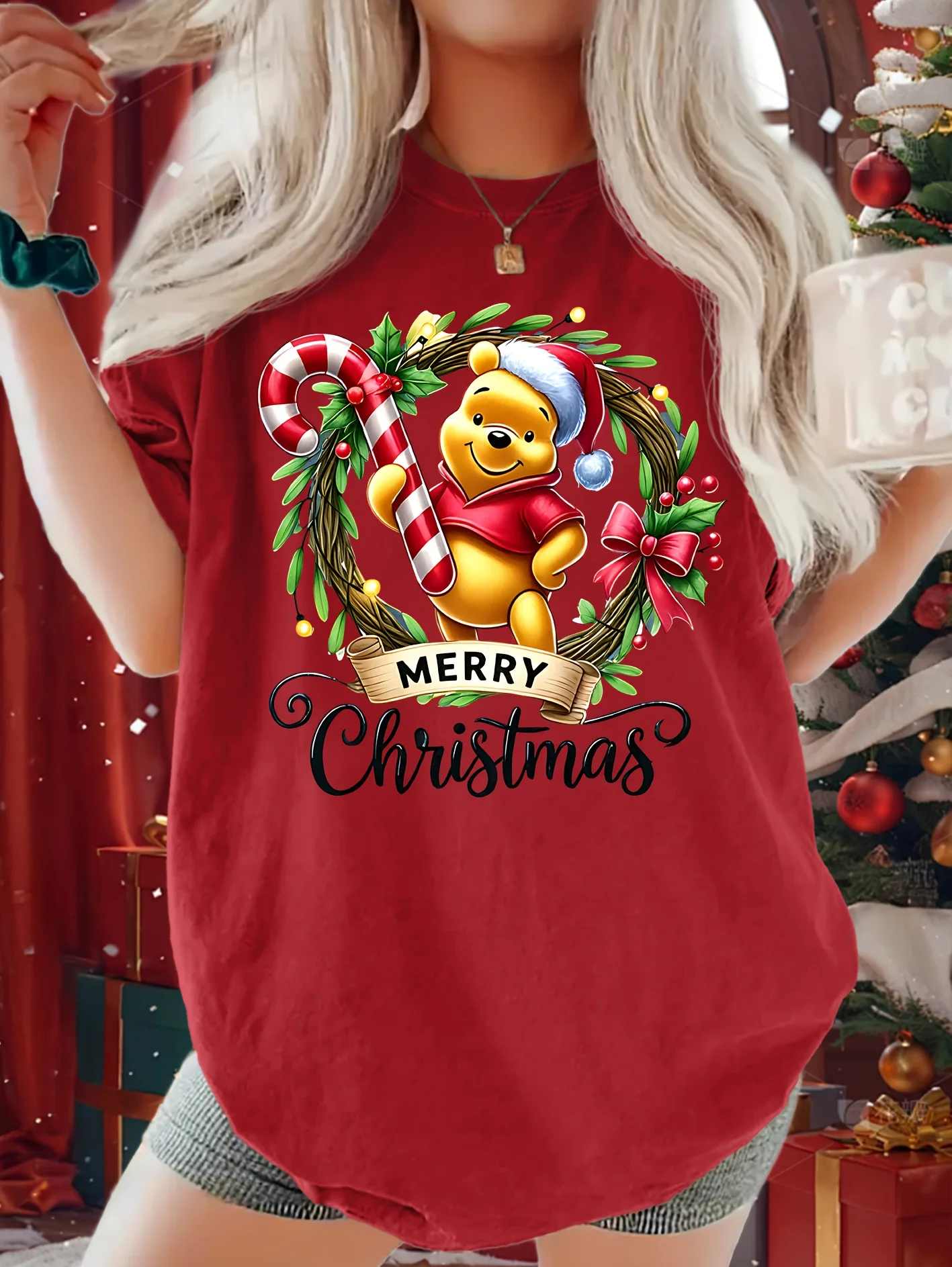 Disney Winnie The Pooh Christmas T-Shirt Cotton Men's Women  Casual Trendy  Oversized Loose Short Sleeve Unisex Event Outfit