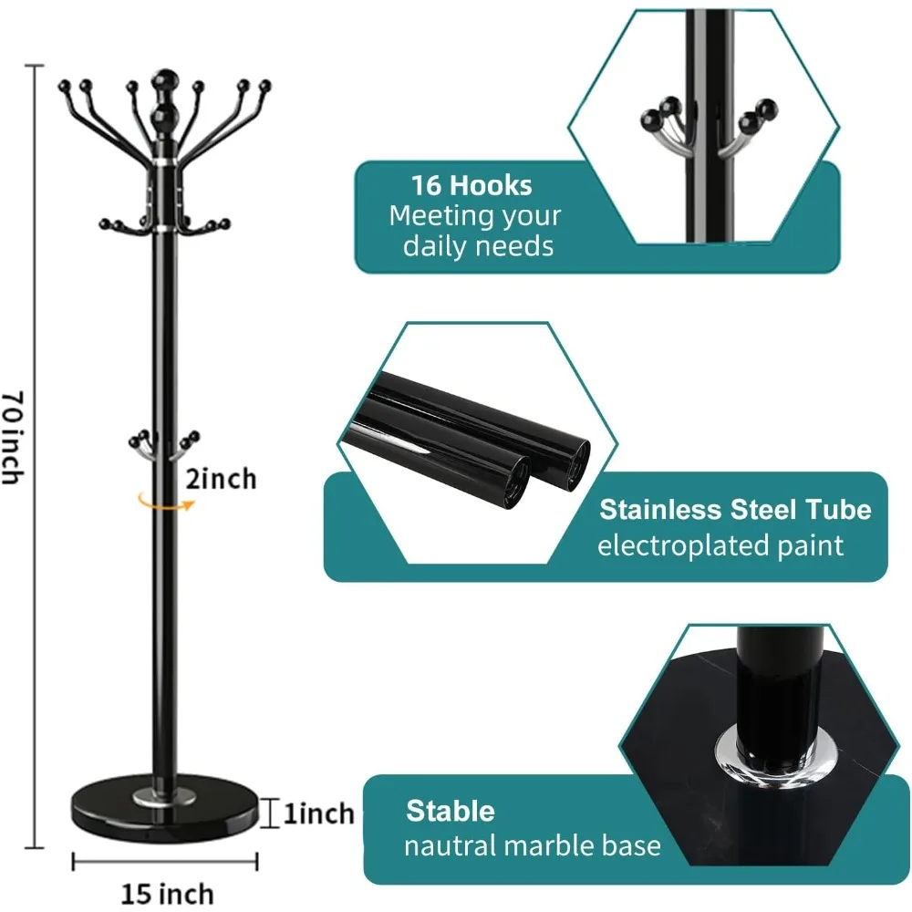 大理石のベースが付いたコートラック,頑丈なステンレス鋼,スカーフとバッグの吊り下げサポート,16フック