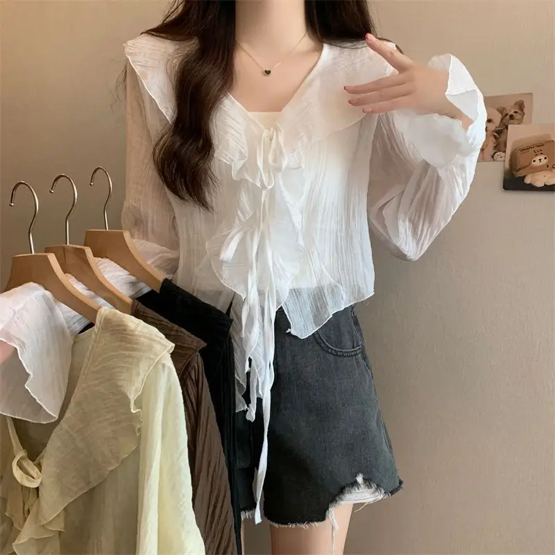 French High-end V-neck Ruffle Design Versatile Reducing Age Long Sleeved Tie Sexy Summer Sun Protection Top