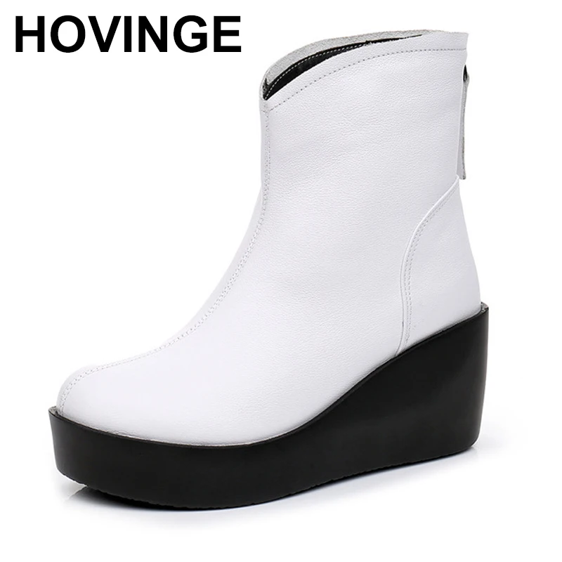 New Fashion women's Genuine Leather Black Booties 2024 Wedges Ankle Boots Ladies High Heels Platfrom Shoes Women