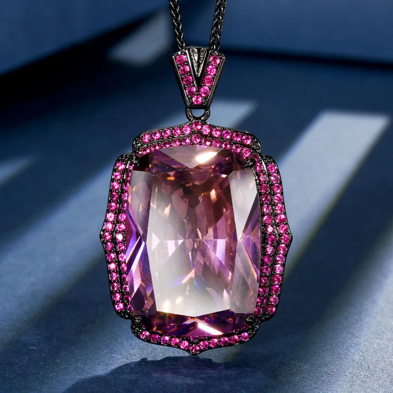 Vintage Rectangular Cushion Cut Colored Crystal Necklace for Women Teal Blue Gem with Pink CZ Accents Statement Fashion Jewelry