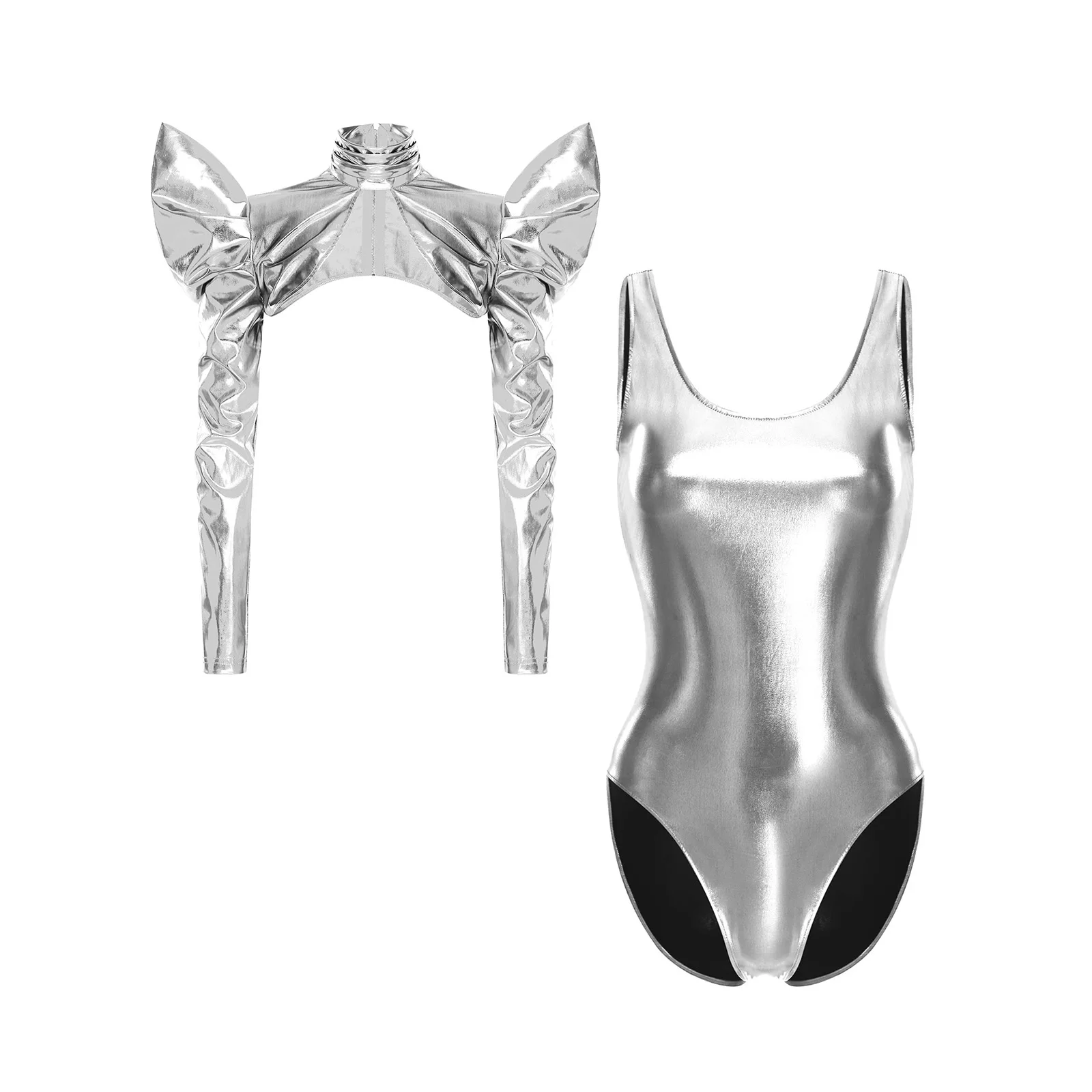 Metallic Shiny Bodysuit And Pauldron Armor Set for Women Sleeveless Low Back Leotard for Halloween Disco Pole Dancing Party