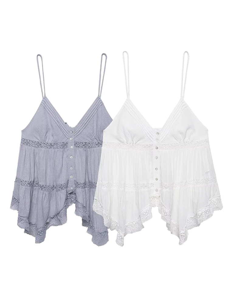 TFMLN Damen Stickerei V-Ausschnitt Sling-Tops Sexy Ärmellose Figurbetonte Casual Rückenfreie High-Street Sling Asymmetrisches Top
