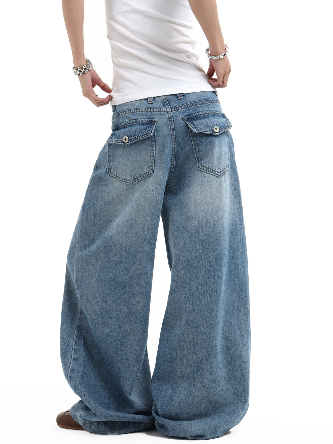 Calças Jeans Retrô Americanas Ganyoou em Denim Lavado para Homens e Mulheres, Estilo Street, Corte Reto, Largas, Comprimento até o Chão, Unissex, Juve
