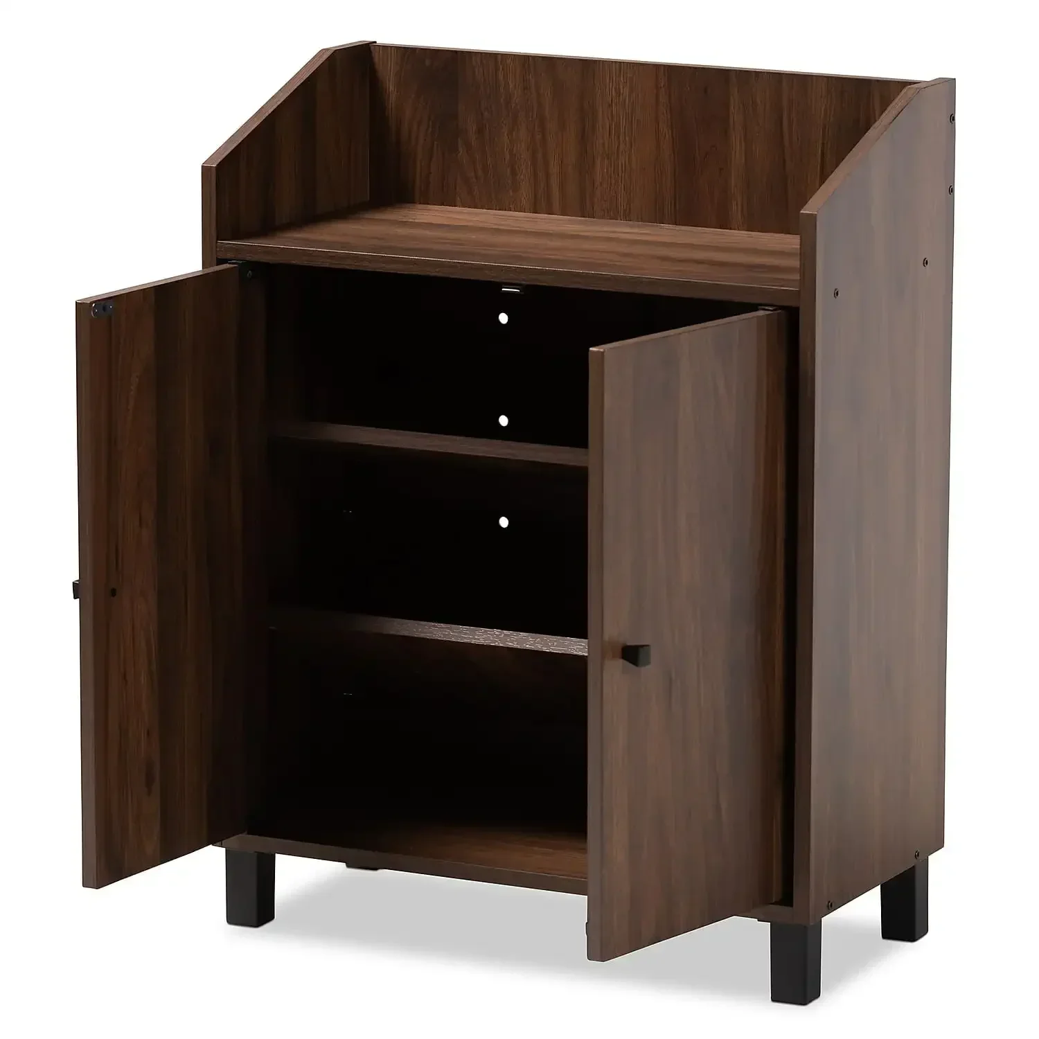 Contemporary Walnut Brown Finished 2-Door Wood Entryway Shoe Storage Cabinet with Open Shelf