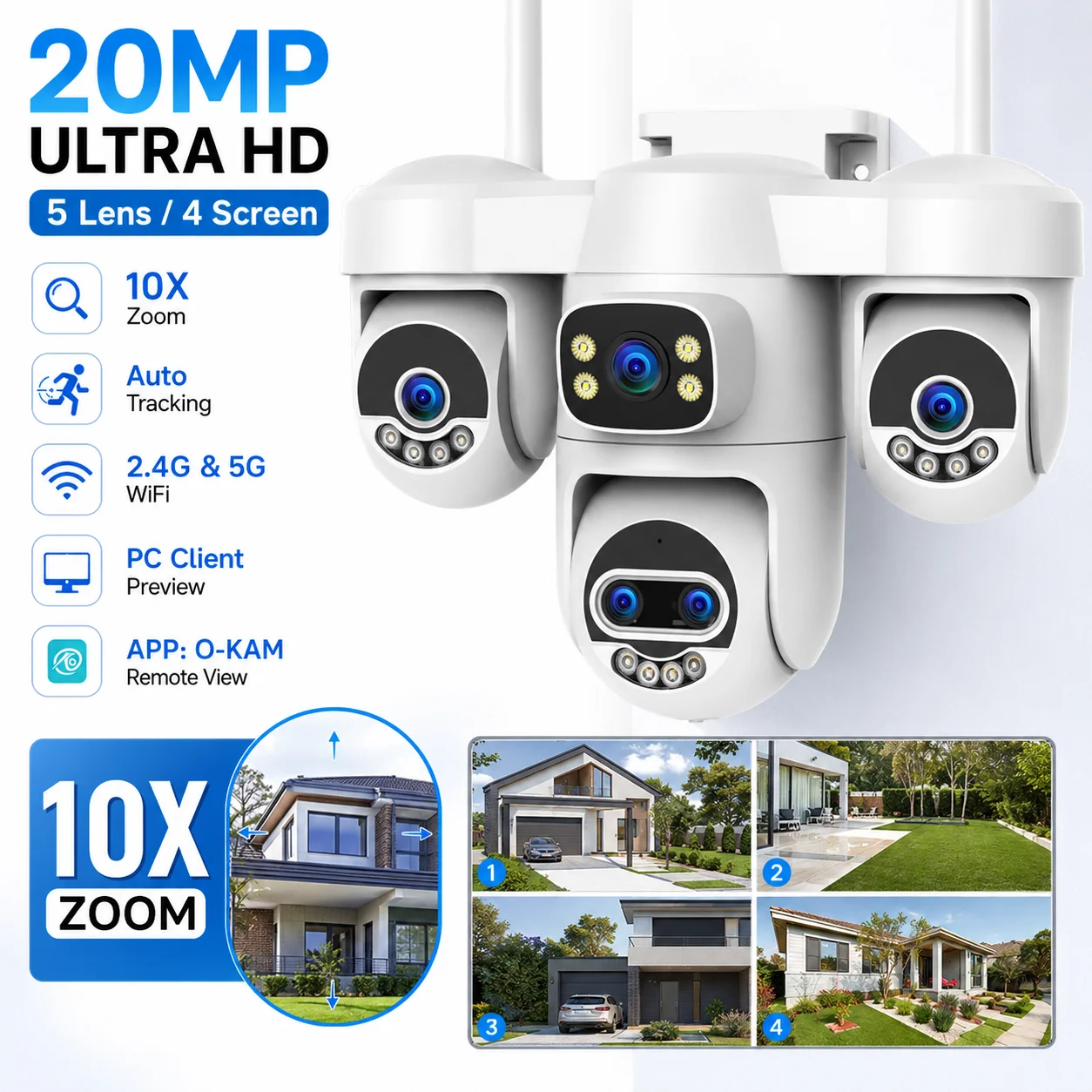 AUBERON Outdoor WiFi Camera 10K 4 Screens 5G WiFi Security Camera 10X Optical Zoom Auto Tracking 3PTZ Waterproof CCTV O-KAM APP