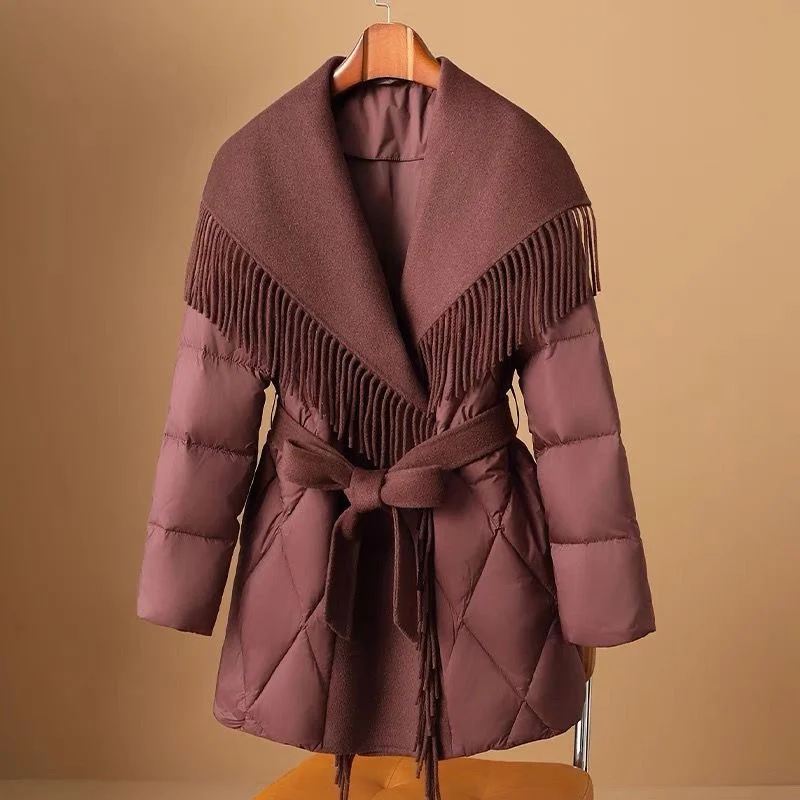

2025 NEW Design Sense Woolen Patchwork Down Cotton Coat Women Winter Jacket Korean Lapel Waist Cinched Belt Parker Overcoat