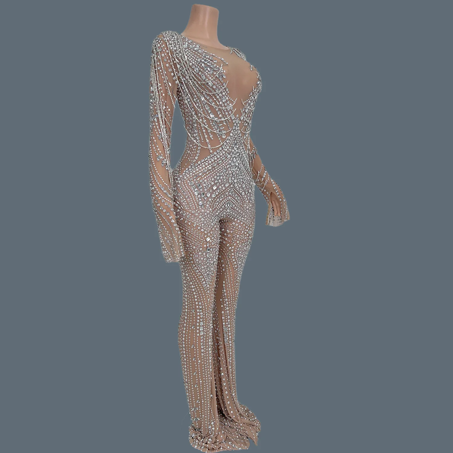 Luxury Sparkly Crystals Sheer Bell-bottoms Jumpsuit Women Sexy Bar Show Costume Evening Wear Birthday Party Outfit chaoAkuotuiku